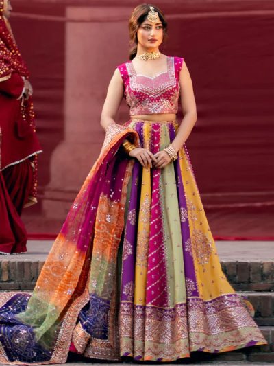 BIN ILYAS Heavy Embroidered Multicolor Raw Silk Bridal Maxi Dress with Chunri Print Emb. Organza Dupatta (Unstitched) (ST516)