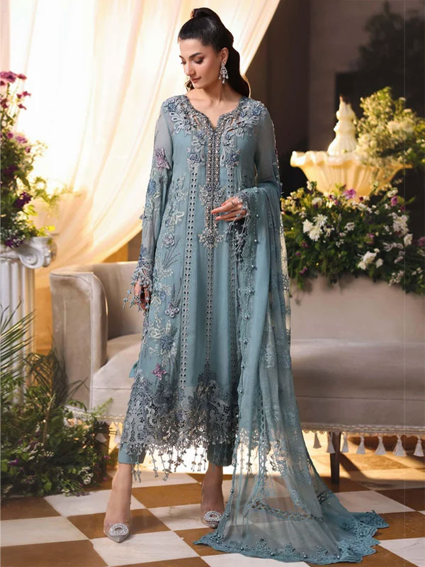 Maria B Heavy Embroidered Dusty Blue Chiffon Wedding Dress 2026 with Handcrafted Detailing (Unstitched) (ST515)