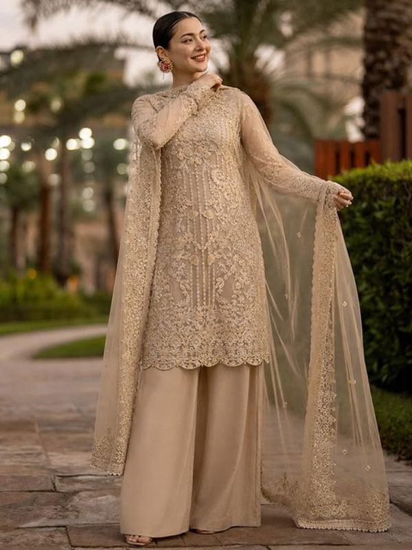 Emarlad Skin Beige Organza Wedding Dress with Rich Embellishments for Brides & Formal Events (Unstitched) (ST513)