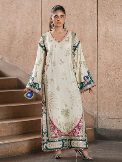 Off White Shamoz Silk Kaftan Dress Heavy Embroidered Modern 3 Piece Suit (Unstitched) (ST533)
