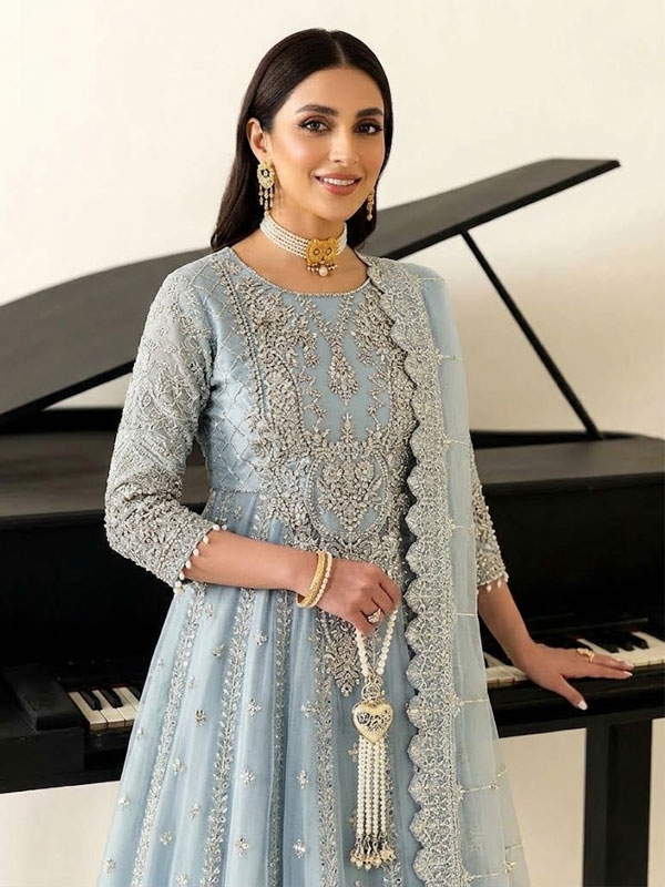 Elegant Heavy Embroidered Powder Blue Chiffon Formal Maxi Dress With 4-Side Chiffon Embroidered Dupatta (Unstitched) (ST540) - Image 2