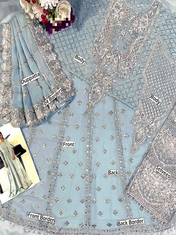 Elegant Heavy Embroidered Powder Blue Chiffon Formal Maxi Dress With 4-Side Chiffon Embroidered Dupatta (Unstitched) (ST540) - Image 3