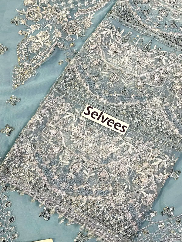 Elegant Heavy Embroidered Powder Blue Chiffon Formal Maxi Dress With 4-Side Chiffon Embroidered Dupatta (Unstitched) (ST540) - Image 4