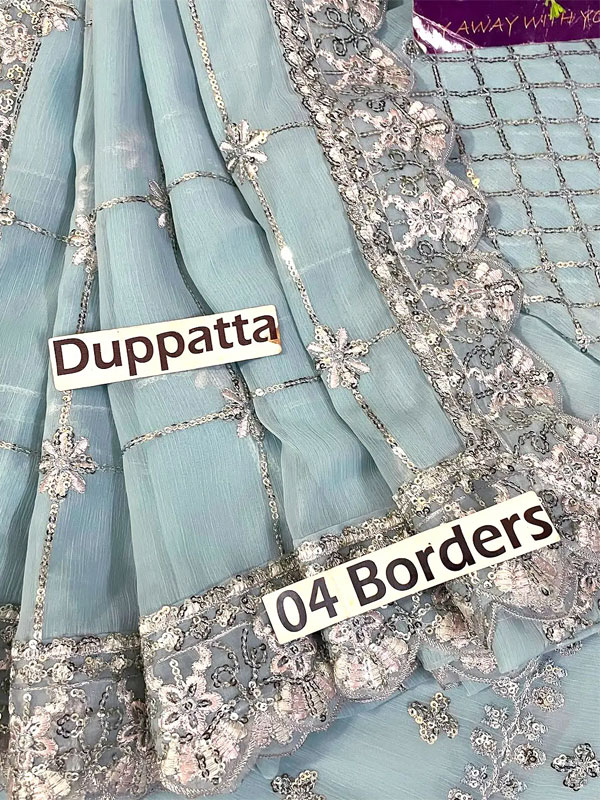 Elegant Heavy Embroidered Powder Blue Chiffon Formal Maxi Dress With 4-Side Chiffon Embroidered Dupatta (Unstitched) (ST540) - Image 5