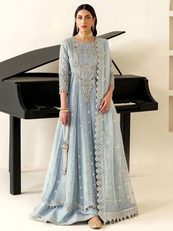 Elegant Heavy Embroidered Powder Blue Chiffon Formal Maxi Dress With 4-Side Chiffon Embroidered Dupatta (Unstitched) (ST540)