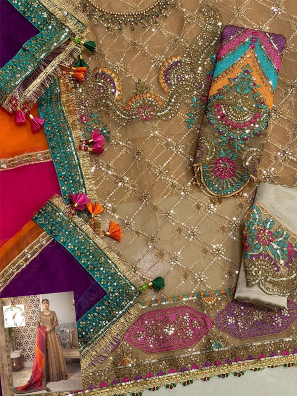 Maria.B Organza Heavy Embroidered Wedding Maxi with 4-Side Embroidered Dupatta Unstitched Luxury Dress (ST545) - Image 3