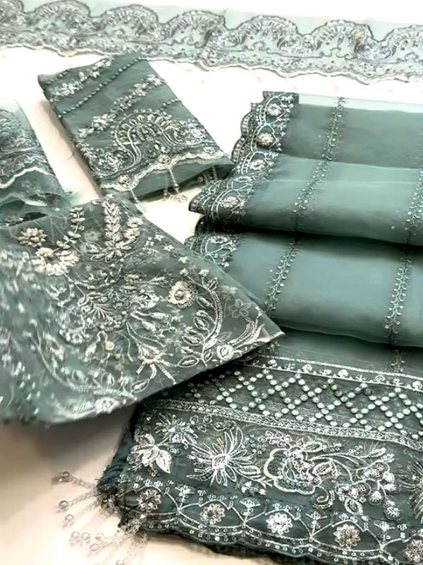 Sage Green Embroidered Organza Party Wear Dress with Embroidered Organza Dupatta (Unstitched) (ST550) - Image 2