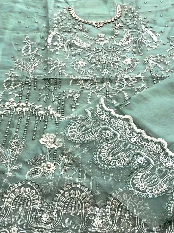 Sage Green Embroidered Organza Party Wear Dress with Embroidered Organza Dupatta (Unstitched) (ST550) - Image 3