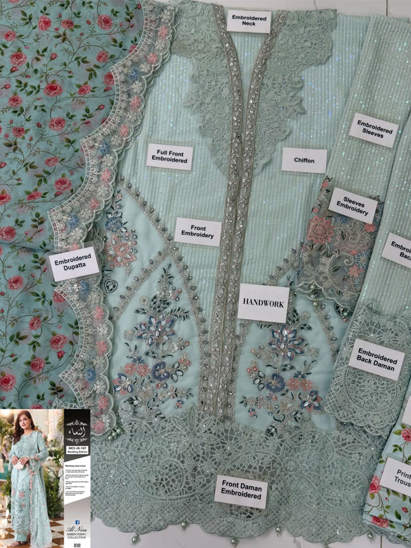 Luxury Chiffon Sequin Heavy Embroidered Dress with Embroidered Silk Dupatta – Unstitched (ST557) - Image 2