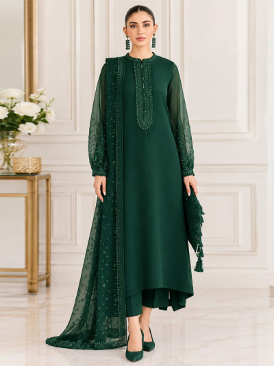 Decent Embroidered Bottole Green Chiffon Party Wear Dress Budget Friendly Dress Chiffon Emb Dupatta 3 Peice (Unstitched)