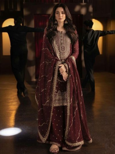 Asim Jofa Chiffon Heavy Embroidered 3 Piece Unstitched Suit with Embroidered Chiffon Dupatta (ST549)