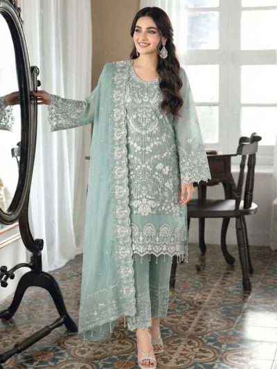 Sage Green Embroidered Organza Party Wear Dress with Embroidered Organza Dupatta (Unstitched) (ST550)