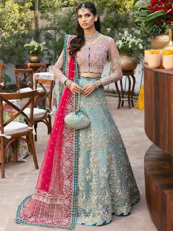Glamorous Handwork Embroidered Net Bridal Lehenga Dress with Embroidered Net Dupatta – Unstitched (ST555)