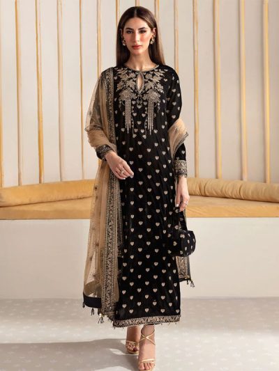 Black Velvet Handwork Heavy Embroidered Wedding Dress with 4-Sided Embroidered Net Dupatta – Unstitched (ST553)