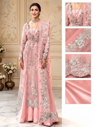 SORAYA Peach Organza Embroidered Wedding Dress with 3D Floral Work & Net Dupatta Unstitched Luxury Suit (ST544)