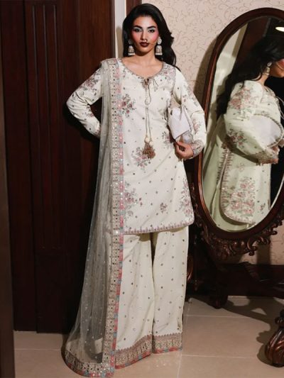 Raw Silk Embroidered Party Wear Dress with Embroidered Net Dupatta – Unstitched (ST552)
