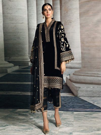 Black Velvet Wedding Dress with 4-Sided Embroidered Net Dupatta – Stylish Unstitched (ST556)